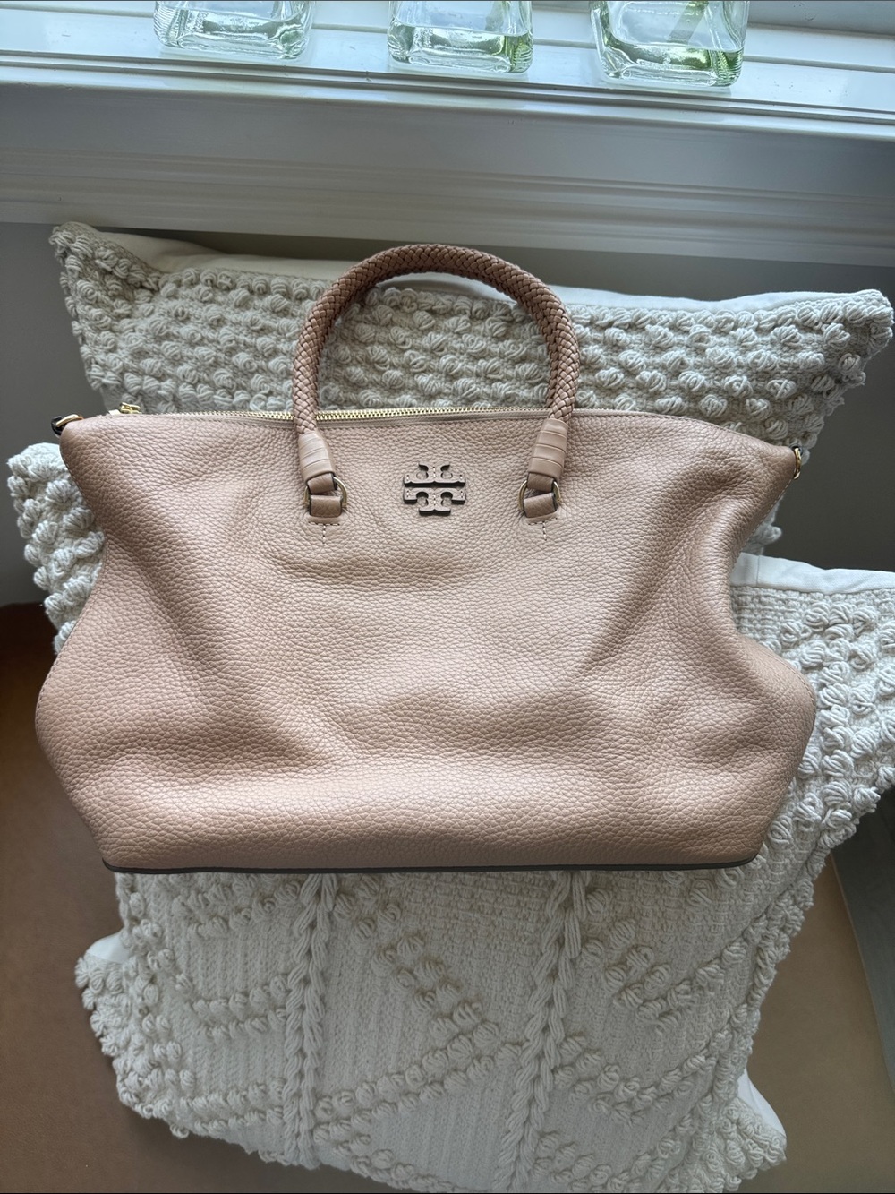 Tory Burch Blush Pink Pebbled Leather Tote with Braided Handles